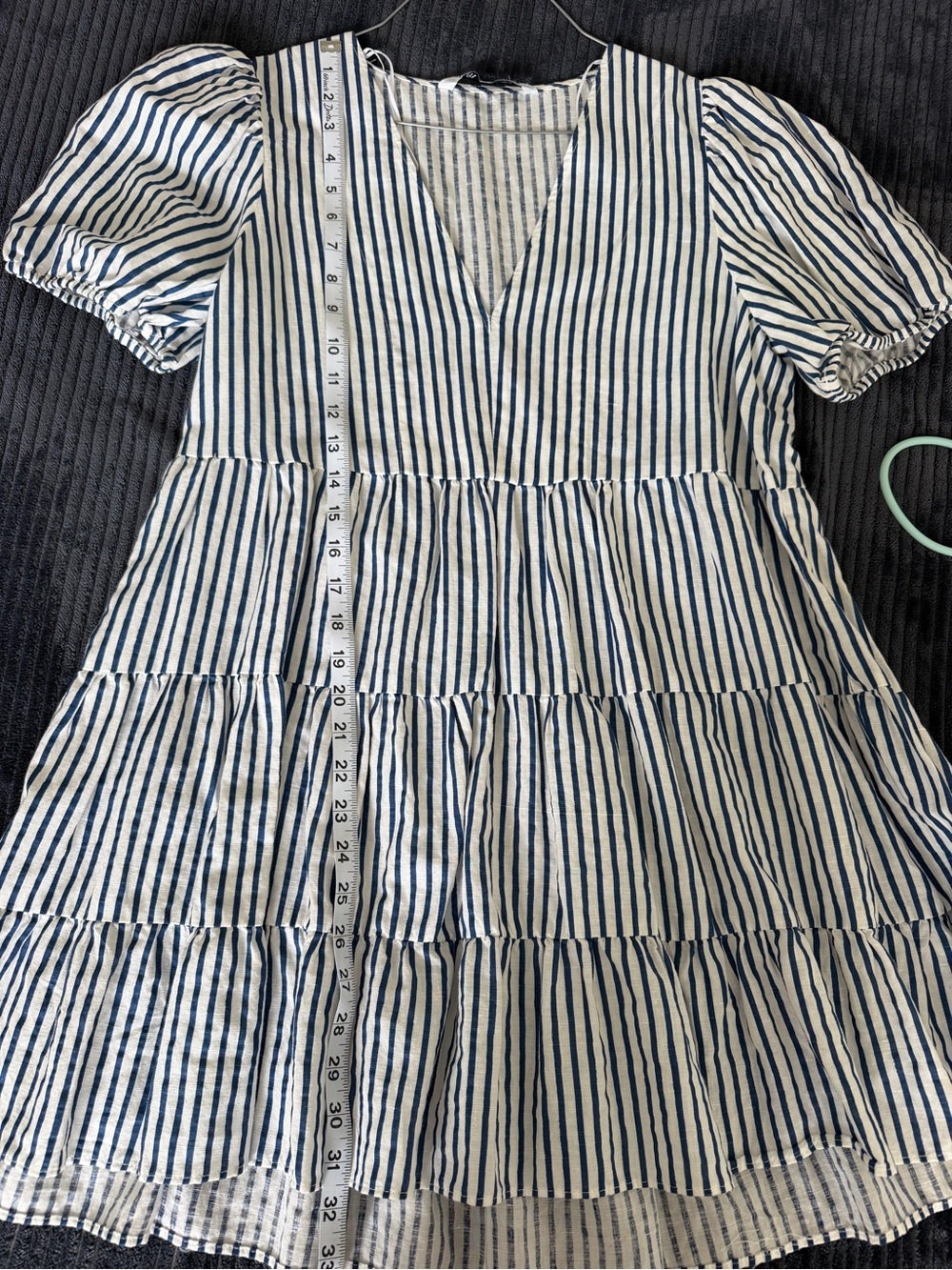 Zara Blue & White Striped Babydoll V-Neck Puff Sleeve Linen Cotton L